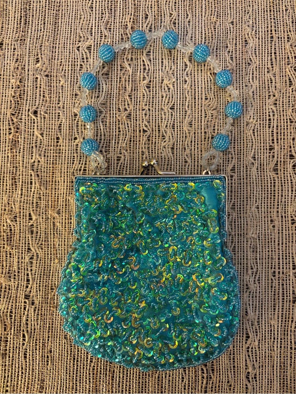 Vintage Jessica McClintock Turquoise Iridescent Sequins  Beaded  Bag
